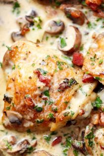 Creamy Baked Chicken Thighs with Mushrooms & Bacon